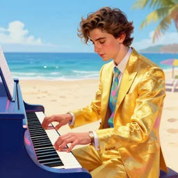 :very detailed:masterpiece:digital:Timothee Chalamet:golden suit:featured in artstation+digitally painted by WLOP:yellow+blue+pink:⭐:beach+sunny day:playing piano+rainbow piano-H 900