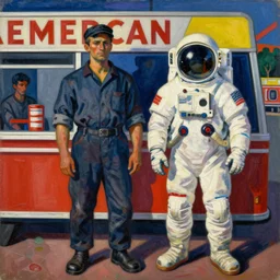 a painting of a coal miner and an astronaut standing in front of an american diner in the style of Ernst Ludwig Kirchner