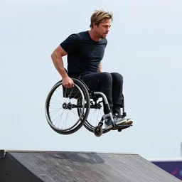 brad pitt in wheelchair, jumping the wheelchair over ramp, x - games, action shot