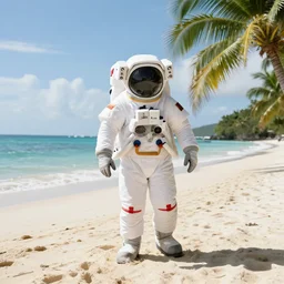 footage of an astronaut in a tropical beach