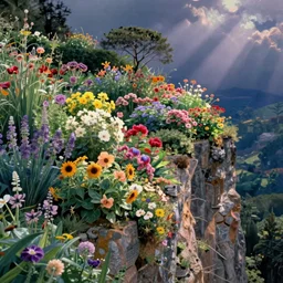 a gorgeous garden on the edge of a cliff filled with beautiful flowers of all colors and from all around the world, monet