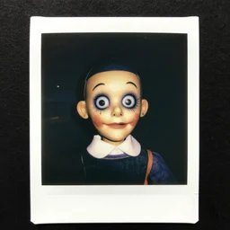 A highly detailed head and shoulders masterpiece eerie polaroid of a ventriloquist dummy in eraserhead, horror, scary, terrifying, horrific, nighttime, dimly lit, creepy hd 4k