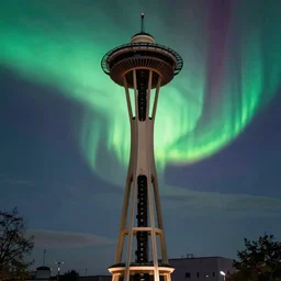 gigantic bold virgin mary face silhouetted strongly into intense vivid aurora above space needle centered big sky film long exposure fuji wide angle national geographic