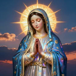 luminescent virgin mary portrait in sunset clouds hologram of
