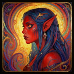 side profile centered painted portrait, female orc druid, crazy eyes, red skin, d & d, gloomhaven, matte painting concept art, art nouveau, beautifully backlit, swirly vibrant color lines, fantastically gaudy, aesthetic octane render, 8 k hd resolution, by ilya kuvshinov and cushart krentz and gilleard james