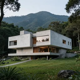 Massive brutalist house on a secluded mountain with trees around