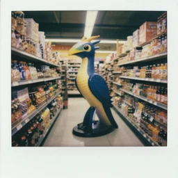 vintage photograph of a futuristic time quetzalcoatl inside a grocery store, shallow depth of field, awkward, out of place, polaroid 6 0 0 color