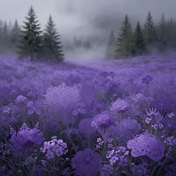 an expanse of purple flowers, fir trees in the distance, fog, gloomy atmosphere, fantasy, intricate, elegant, highly detailed, digital painting, artstation, concept art, smooth, sharp focus, illustration, art by artgerm and greg rutkowski and alphonse mucha, wlop