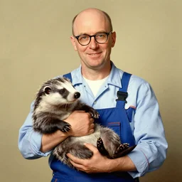 a balding white man, glasses, slim, wearing plumber uniform, norman rockwell painting, holding a honey badger