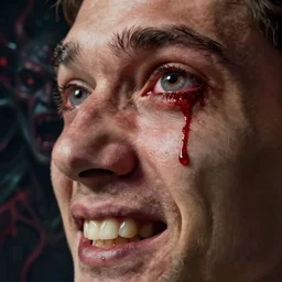 extreme close up, portrait style, sideways teeth, horror, man, eyes wide open, pain, blood drip from eyeballs, colours, dark creature in background