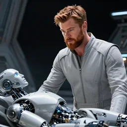 cinematic portrait of chris hemsworth with big ginger beard in light grey futuristic jumpsuit looking at lying android robot, dark space station at background, high detail, 8 k, sharp focus, movie still, dramatic lighting, ray tracing, smooth, lane brown, finnstark, oleg bulakh, diego fazio, mike dargas, emanuele dascanio, felix englund, michal