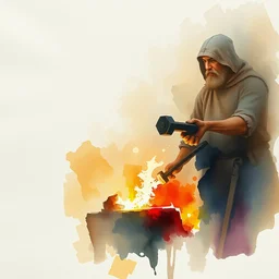 small centered on watercolor paper, paint brush strokes, abstract watercolor painting of forge, medieval blacksmith, cinematic light, national romanticism by hans dahl, by jesper ejsing, by anders zorn, by greg rutkowski, by greg manchess, by tyler edlin