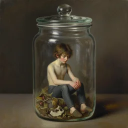 a tiny handsome man sitting inside a jar. beautiful detailed dramatic painting by artgerm and magali villanueve and michael whelan