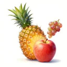 pineapple hitting apple and throws grape on it