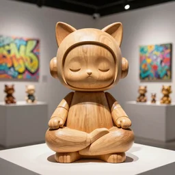 8 k octan, advertising, highly detailed, photo, a totally wooden figurine collectible art toys wooden on feet, very cute fat cyborg meditation zen with cat ears, cyberpunk, graffiti ratio, design, showroom dealership indoor display convention exhibition a contemporary art gallery masterpiece - a k _ dpm _ 2