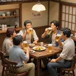 group of travelers drinking beer & singing in a tavern as tiny miniatures diorama, directed by Nobuhiko Obayashi