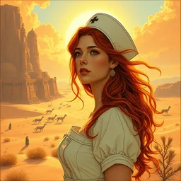 portrait of a nurse with long red hair, blazing sun, in a huge desert, fantasy by emile friant and moebius and charles vess