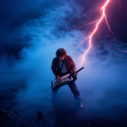 dwight schrute playing the keytar aggressively, dramatic scene, heavy blue fog, red lightning strike, ultra wide angle, movie still, photorealistic, stranger things, netflix, upside - down, colorful lighting, grainy, aerial shot, shot from above, movie still