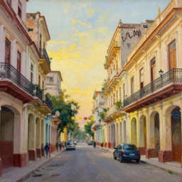art nouveau painting of streets of Havana, Cuba, beautiful, diverse, golden hour
