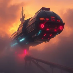 the cyberpunk spaceship emerges from the fog, glass and metal, bright neon lights, atmospheric lighting, golden hour, intricate painting by greg rutkowski, rhads, ferdinand knab, makoto, shinkai lois van baarle, ilya kuvshinov, ruan jia, tom bagshaw