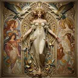 a beautiful intricate beatutifull godess with birds, ultra - wide angle, baroque, elagant, highly detailed, photorealistic, octane render, 8 k, unreal engine, by william turner, by victo ngai, by alphonse mucha, by miho hirano, by moebius, hd, trending on artstation, hyper detailed, muted intense colors