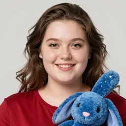 beautiful portrait of a fat!!! young lady with front buck teeth!! wearing a scarlet red tunic and holding a celestial blue bunny plush, detailed deep black eyes, round face, pointy rosy nose, short medium brown hair, cloudy background, trending on artstation, sharp focus, illustration, caustics, octane render, 4 k, radiant light, art by wlop and artgerm