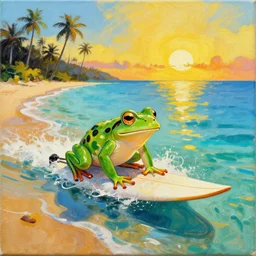 frog and a beach, surfing, 8 k, high octane, crystal clear water, tropical paradise, golden sunset, jackson pollock, painting on canvas