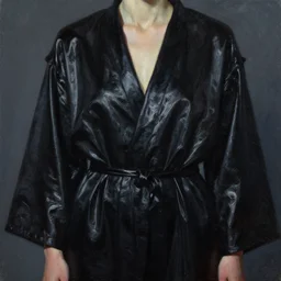 hyperrealism oil painting, close up figure fully clothes in black reflect robe, complete darkness, in style of classicism mixed with 8 0 s sci - fi hyperrealism