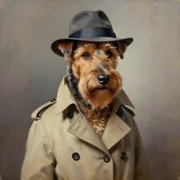 Irish terrier wearing a fedora and a Trenchcoat, oil painting, majestic