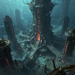 digital painting of an underwater dystopian city, rapture from bio shock, style of Ralph Mcquarrie, concept art, high angle, high detail, cold lighting, dark, vivid, beautiful, caustics, trending on artstation, by Jordan grimmer, no focus, huge scene