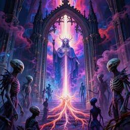[ palate ] [ vibrant gothic colors ] alien soul spirits congregating in front of an intricate giant gothic gateway, god figure waiting behind the gate, vibrant neon nebulous clouds, hyper realistic illustration, radiant synapse light rays, photorealistic illustration, intricate and fine details, volumetric lighting, artstation