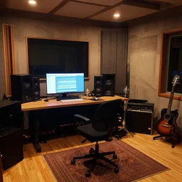 a super cozy music studio at night