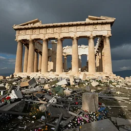 giant greek ruins, debris covered with flowers
