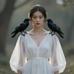 hight focus of a wonderful realistic focused sweet wonderful symmetrical mid portrait of a lonely woman with a detailed wonderful, majestic, large semi transparent white cotton dress with a realistic black raven on her shoulder, dramatic light, octane render - 8 k