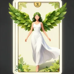 a girl with wings made of leaves. concept art by muggur, flowing white dress, smooth, sharp focus, artstation contest winner, fantasy, 2 d game, tarot card