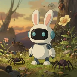 a wholesome animation key shot of a post apocalyptic 8 0's cute robotic bunny and spider, vegetation, warm evening light by studio ghibli, animation, sharp, rendered in unreal engine 5, focused, anime key art by greg rutkowski, bloom, dramatic lighting