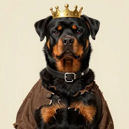 ripped physique crown collar leash Man portrait Sherlock Samuel Beckett snout Detective Anthropomorphic furry fuzzy fashion vogue Rotweiler man wearing a Rotweiler costume wearing a hobo costume gerald brom bastien grivet greg rutkowski norman rockwell portrait face head snout ears eyes illustration tombow