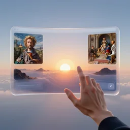 floating 3 d macos concept ui designed by jony ive and senior apple designers : sunrise atmospheric phenomena in translucent colloid neuomorphic interface, a first - person 8 k view within a floating 3 d vr hand interface by jony ive, in the style of moebius, roger dean, intricate photograph in the style of caravaggio and james turrell