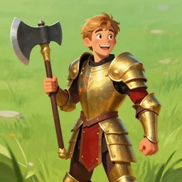Teenager Warrior, with a big Axe, golden and red plate armor, heroic fantasy, green field, happiness, main character vibes, young, handsome, by Frank Franzetta, trending on artstation, artstationHQ, artstationHD, cgsociety