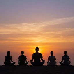 wide range photo silhouette of a man meditating, at a beautiful sunset, highly detailed, colorful,