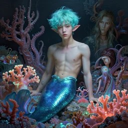harmony of neon glowing coral, tentacles, ( cyan hair merman yoongi fin ears slit nose portrait ) by wlop, james jean, victo ngai, muted colors, highly detailed, fantasy art by craig mullins, thomas kinkade,