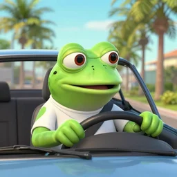 human with frog face driving car, palm trees