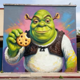 cookie shrek as graffiti mural by lee, masterpiece, trending on artstation