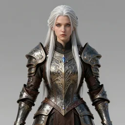 opal leather armor!!! long wild white hair!! covered chest!!! fantasy, d & d, intricate ornate details, symmetry, concept art, sharp focus, illustration, art by artgerm! greg rutkowski magali villeneuve wlop! ilya kuvshinov!!, octane render, unreal engine 5, highly rendered!!