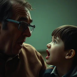 todd solondzas a crazy father and son in possession by andrzej zulawski, glasses, scared, screaming at boy and crying, seventies film, todd solondz father and son, cinemaic, dramatic, soft light