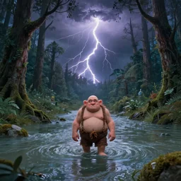 crazy bald caveman, magical forest, thunderstorm, flood, rivers of paint, fantasy landscape, cinematic, thought provoking, award winning, artstation, exquisite, art by alison watt, altichiero, americo makk, arthur hughes