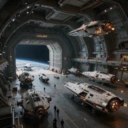 an extremely detailed masterpiece epic scene of the inside of a cavernous spaceship cargo bay with various types of parked militarized spacecraft and an opened hanger door space scene in background, in the style of lebbeus woods, intricate, elegant, highly detailed, digital painting, artstation, cinematic lighting, extremely moody lighting, glowing light and shadow, 8 k