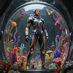 octane render by wayne barlow and carlo crivelli and glenn fabry, a woman in a skintight colorful shiny black spacesuit with colorful iridescent metal detailing, covered in bright colorful alien flora and fauna inside a massive cavernous metal dome, cinema 4 d, ray traced lighting, ultra - detailed, volumetric lighting