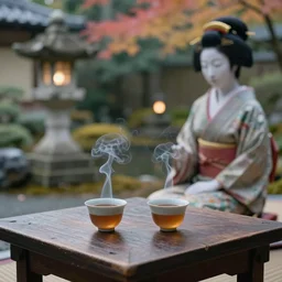 garden, ( ( ( geisha ) ) ), traditional japanese 🫖, two smoky cup of tea on a wood table, old concrete statue, smoky autumn pastels lightings, japanese garden background, micro details, photorealism, crisp, hasselblad camera, by annie leibovitz