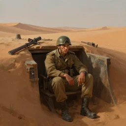 beautiful digital painting of a soldier in a trench waiting for the war to end, in the sahara desert. cinematic lighting, atmospheric, emotions, concept art by greg rutkowski, by artgerm,
